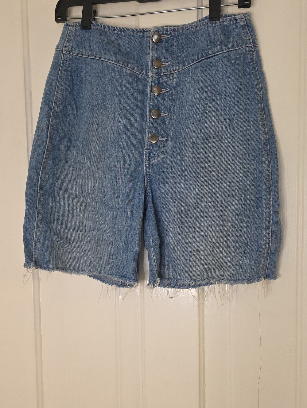 High-Waist Button-Front Denim Shorts - Light Blue